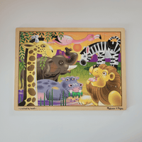 Wooden puzzle with colorful animal illustrations on a plain background