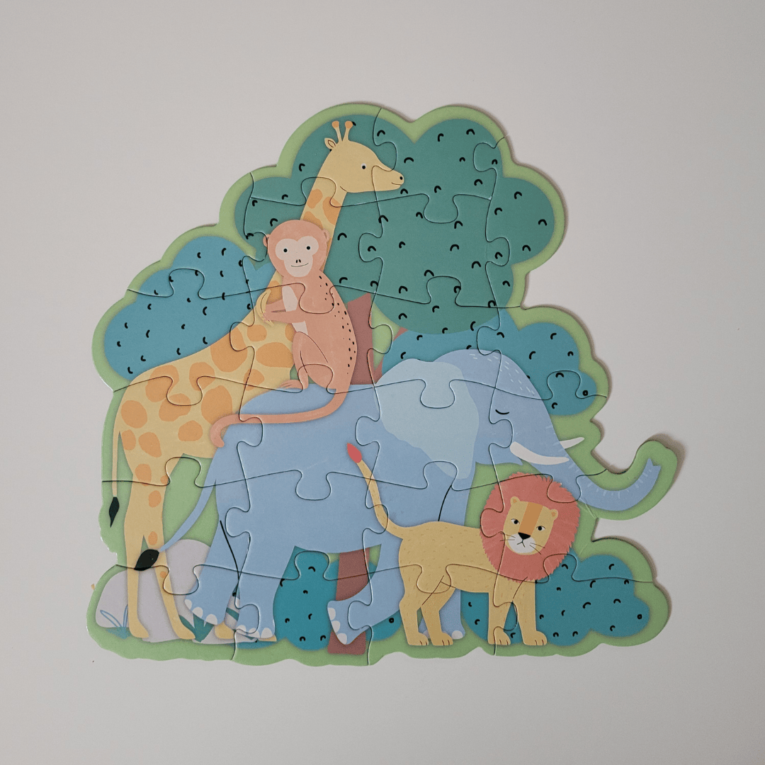 Children's puzzle with cartoon animals on a plain background