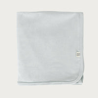 Light Sky blue baby blanket with babu brand logo on a white background