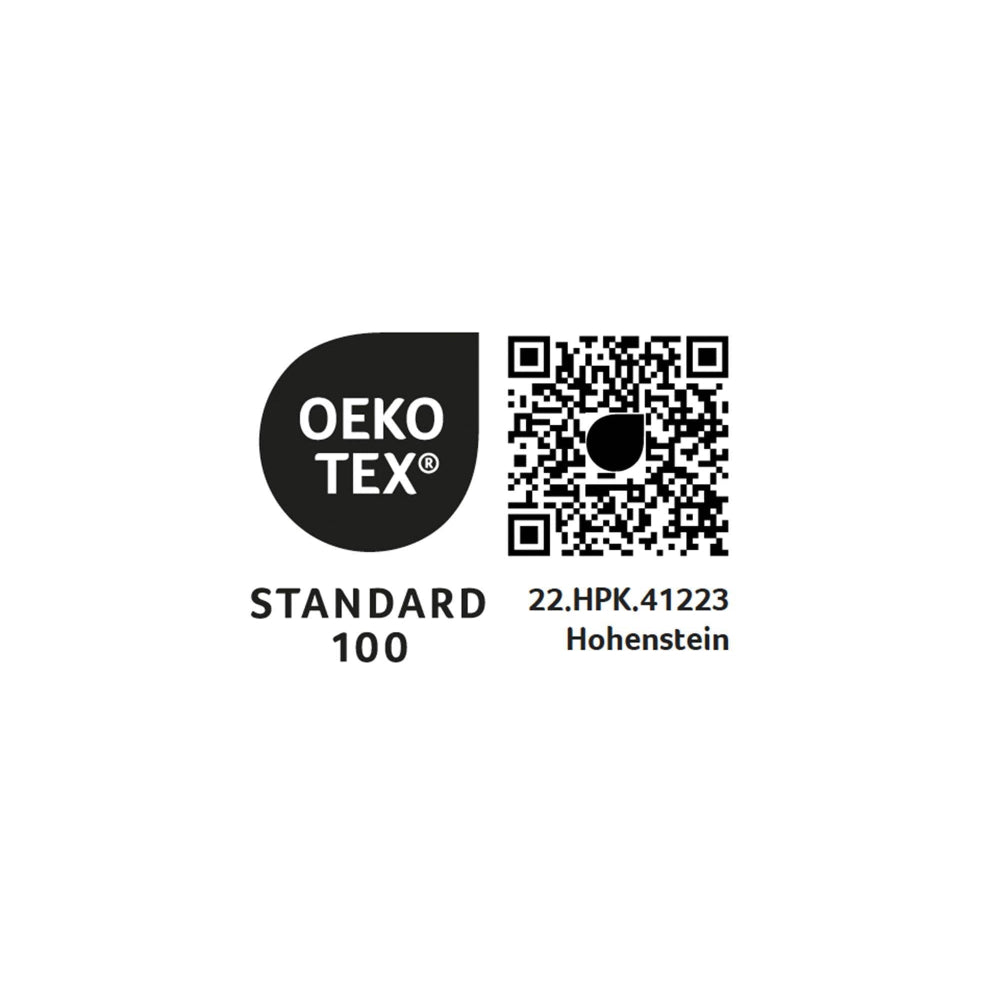 OEKO-TEX Standard 100 logo with a QR code on a white background