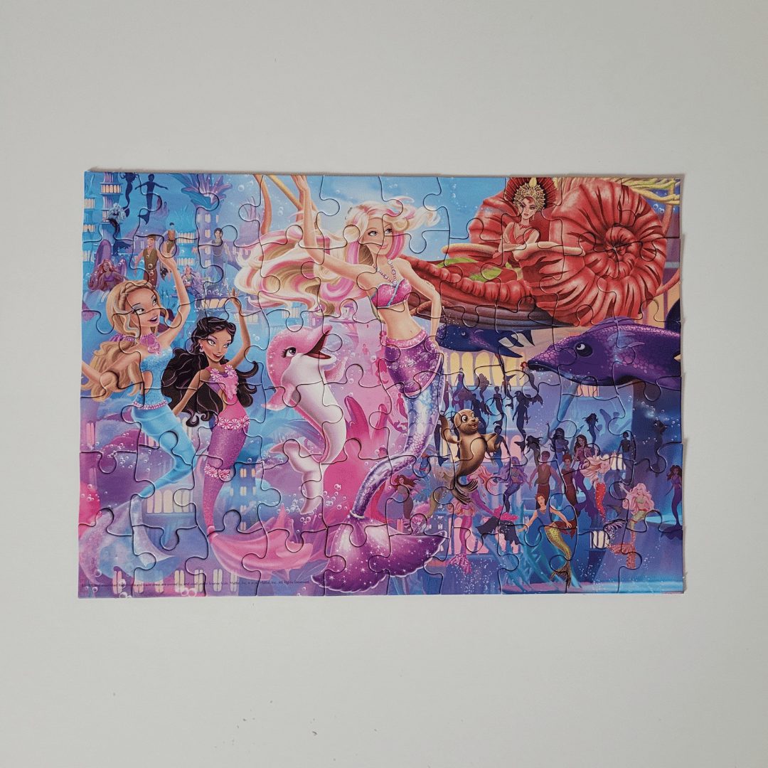 Mermaid-themed puzzle with colourful characters on a grey background
