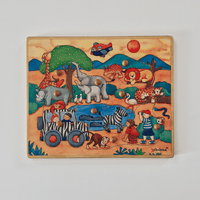 Wooden puzzle with colorful illustration of animals and children in a safari setting.