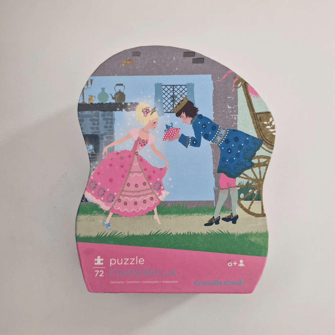 Cinderella puzzle box with illustration of Cinderella and Prince Charming on a white background