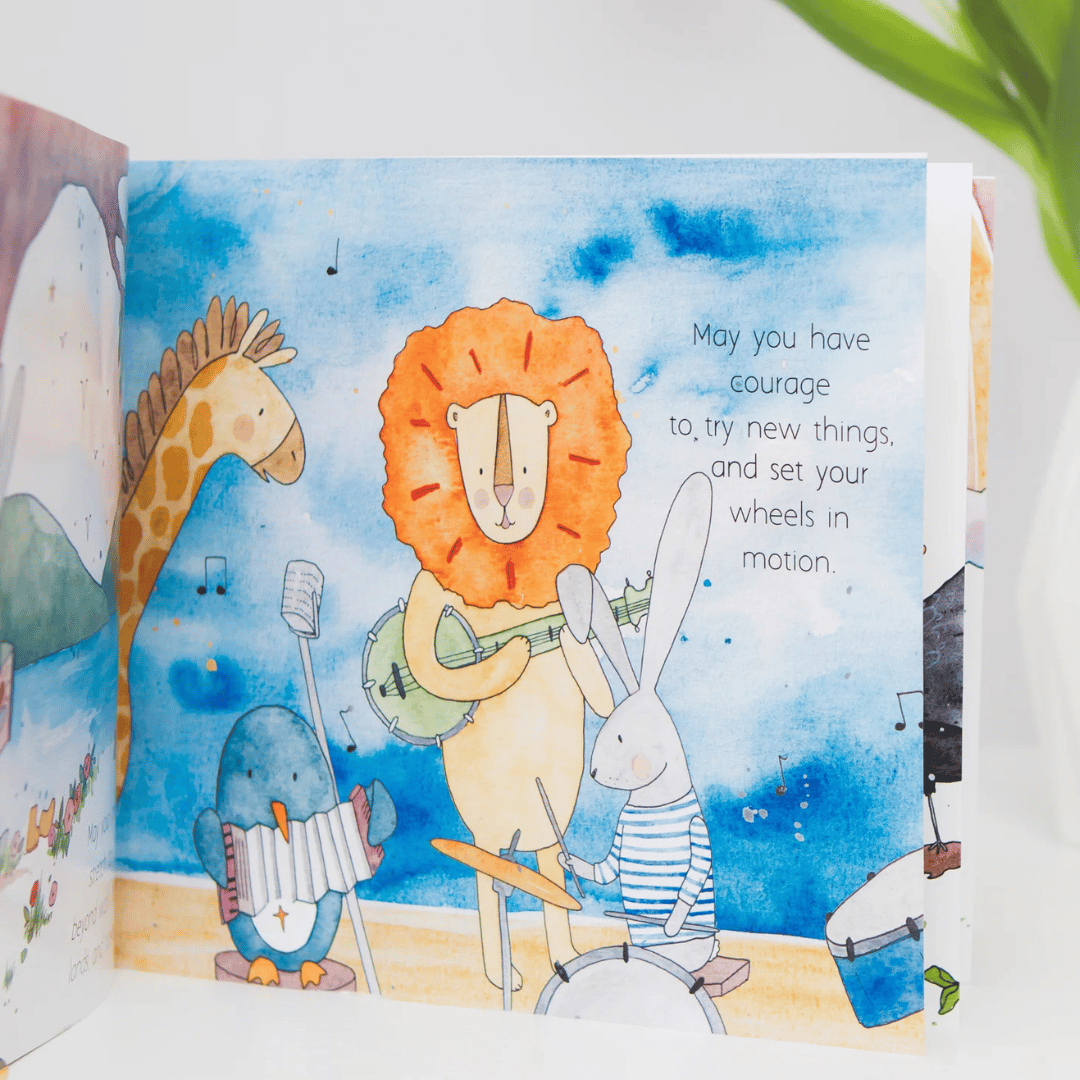 Illustrated book page with a lion, rabbit, and other animals playing instruments against a blue watercolor background.