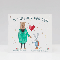 Book cover with illustrations of a bear and a rabbit holding a heart-shaped balloon, titled 'My Wishes For You'.
