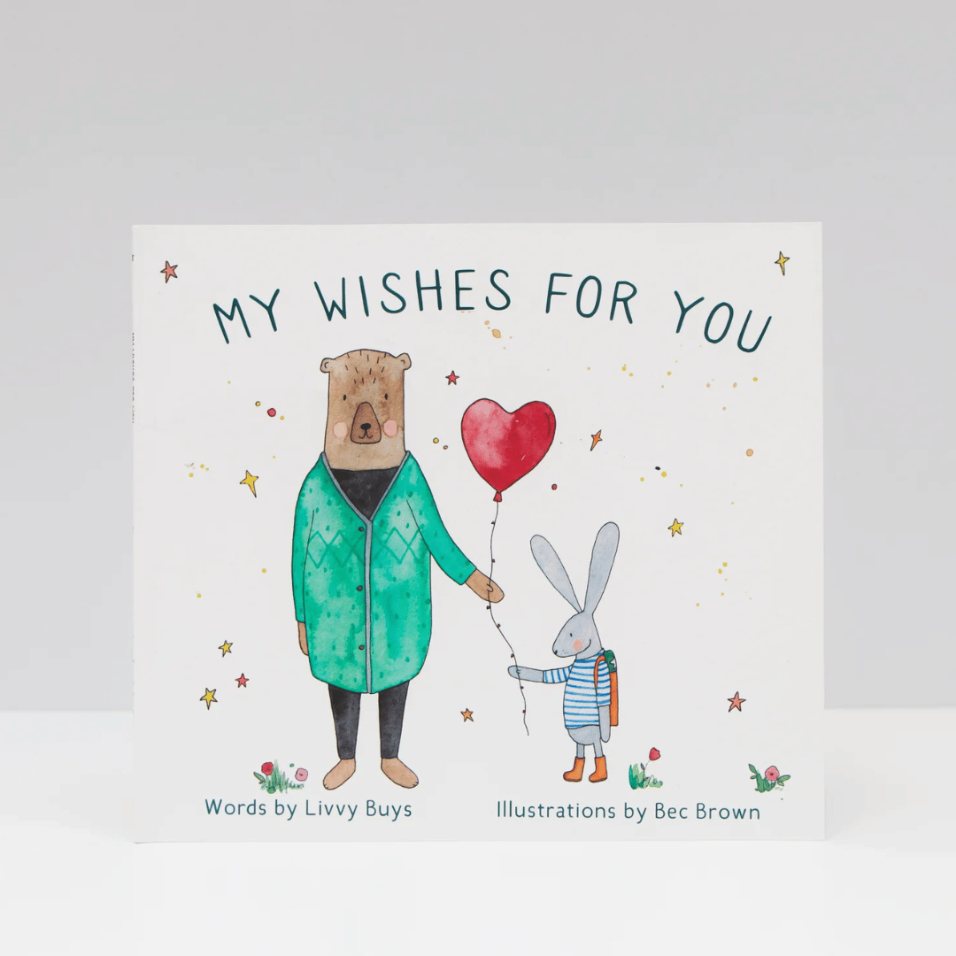 Book cover with illustrations of a bear and a rabbit holding a heart-shaped balloon, titled 'My Wishes For You'.