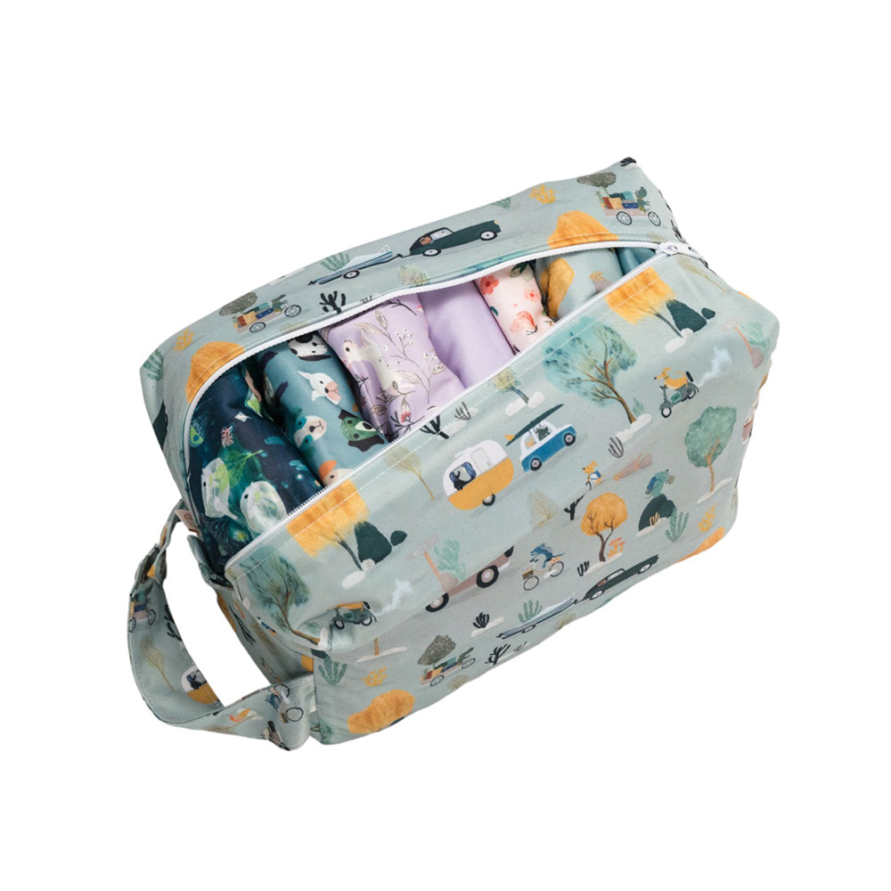 Dogs on Holiday Nappy Pod for reusable nappies on a white background