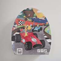 Children's puzzle packaging with cartoon race cars and characters on a gray background