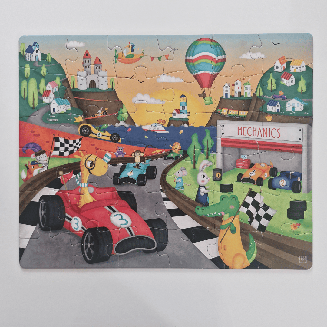 Children's puzzle with a racing theme featuring cars and a garage.