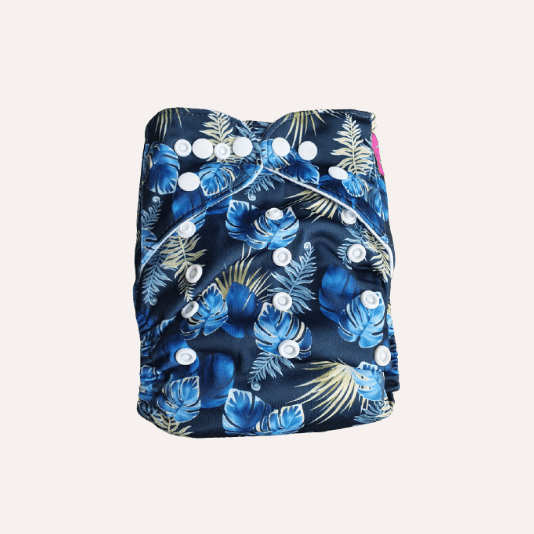 Reusable cloth nappy with blue floral pattern on a white background