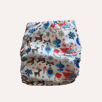 Reusable cloth nappy with festive pattern on a white background