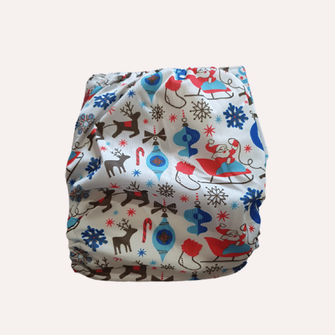 Reusable cloth nappy with festive pattern on a white background