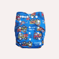 Blue reusable cloth nappy with fire truck pattern on a grey background