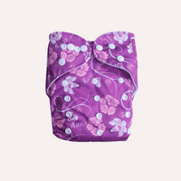 Purple reusable cloth nappy with pink floral pattern on a white background