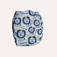 Reusable cloth nappy with lion pattern on a white background