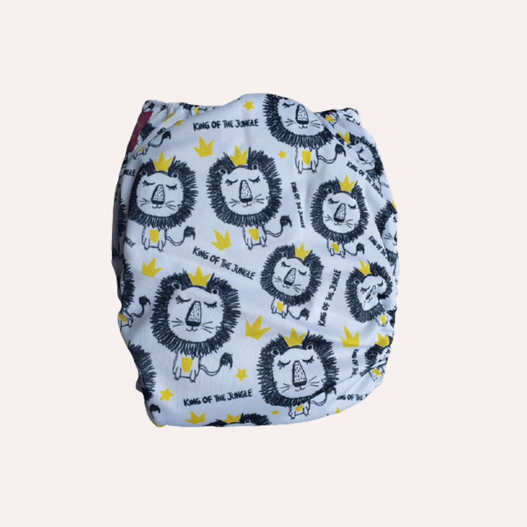 Reusable cloth nappy with lion pattern on a white background
