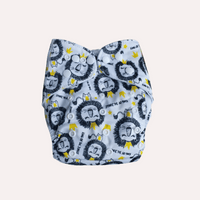 Reusable cloth nappy with lion pattern on a white background