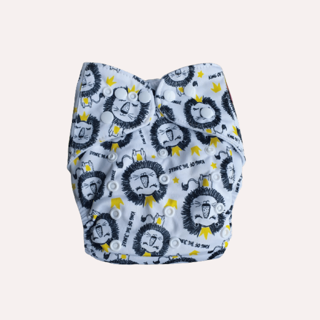 Reusable cloth nappy with lion pattern on a white background