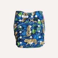 Reusable cloth nappy with tiger and leaf pattern on a white background