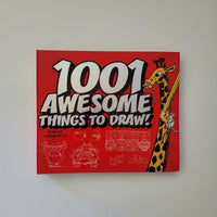 Red book cover with '1001 Awesome Things to Draw' text and illustrations on a white background