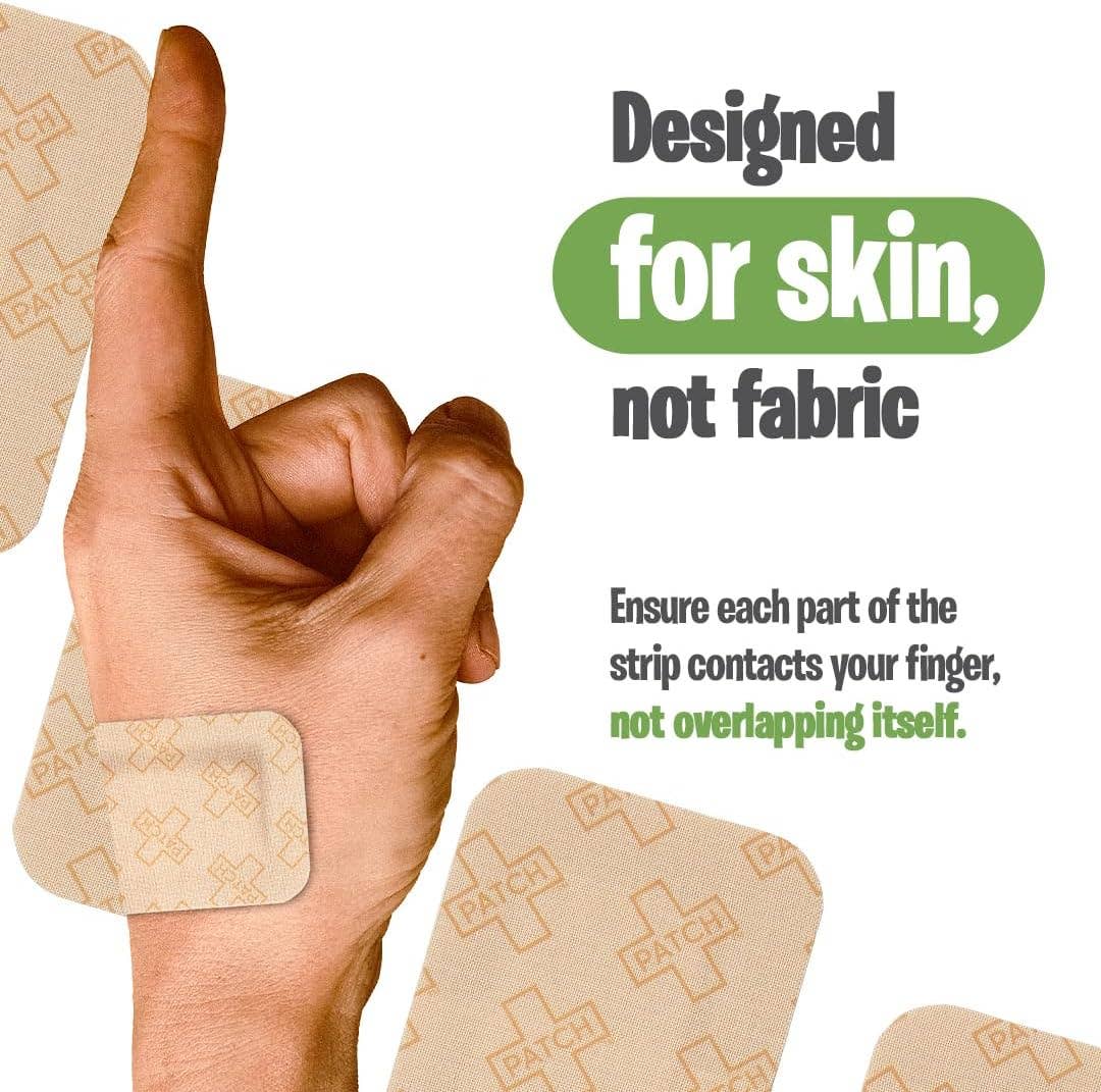 Hand with bandage strip and text 'Designed for skin, not fabric' on a white background