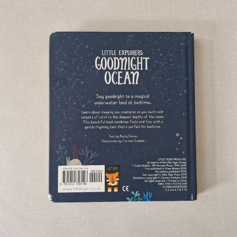 Back cover of a book titled 'Goodnight Ocean' by Little Explorers on a beige surface.