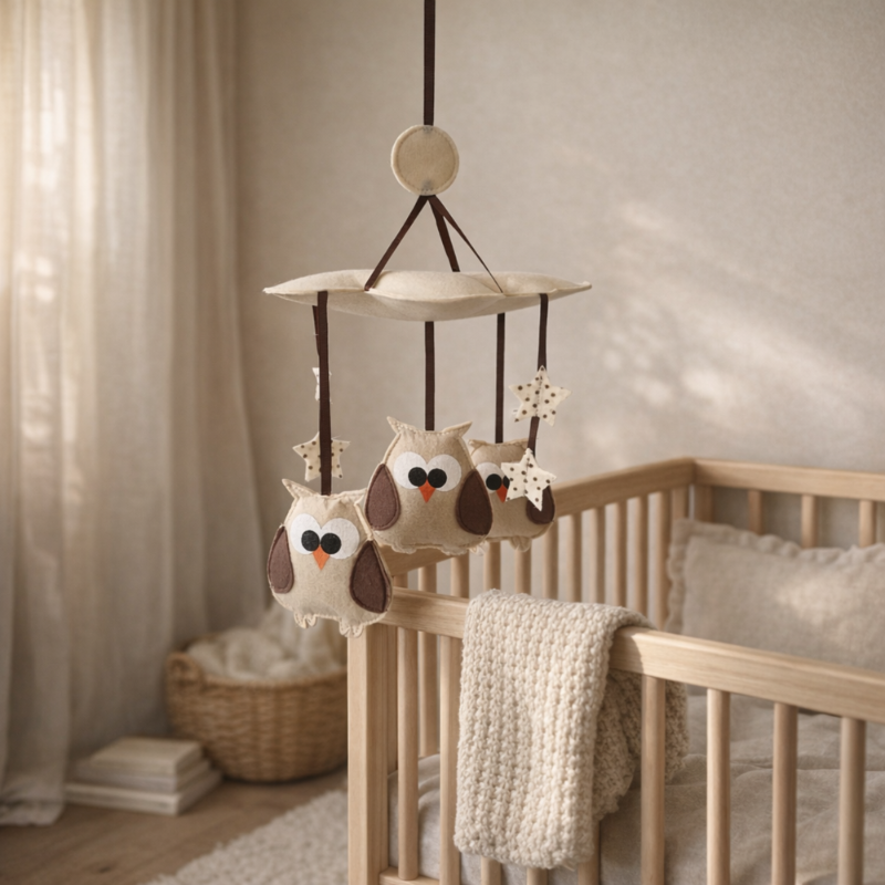 Nursery room with a wooden crib and owl-themed mobile