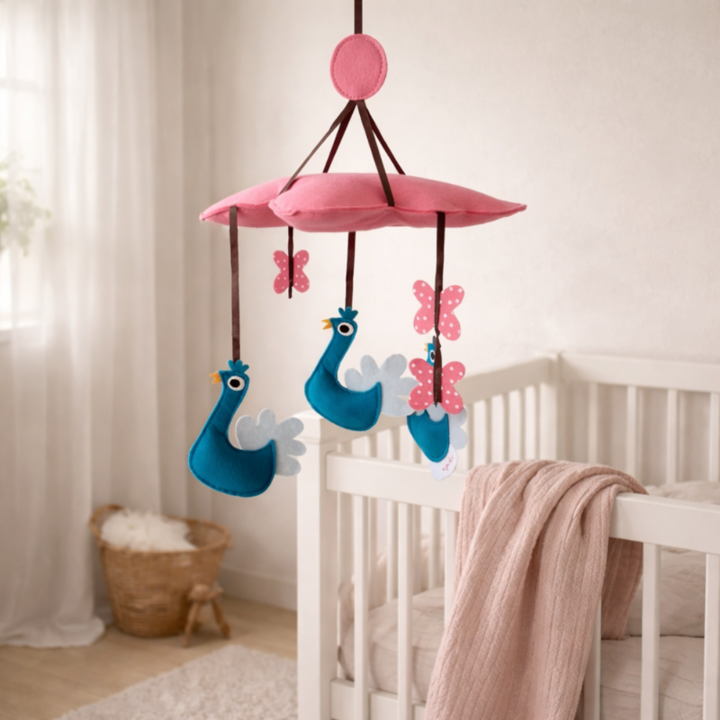 Baby mobile with blue peacocks and pink butterflies hanging above a crib in a nursery.