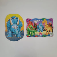 Children's dinosaur-themed puzzles on a white background