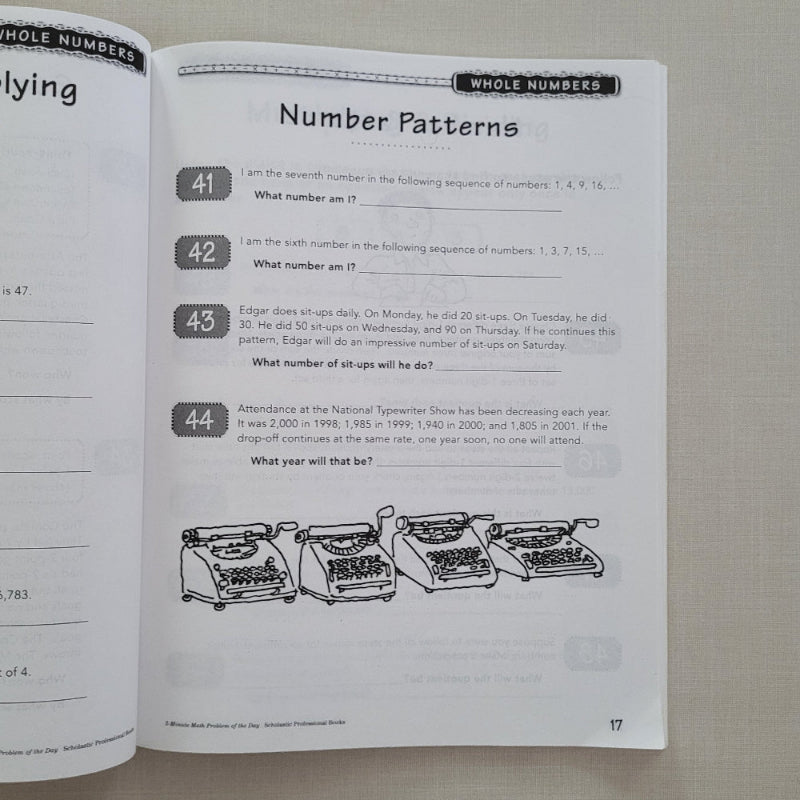 Open book showing a page with number patterns exercise on a textured surface