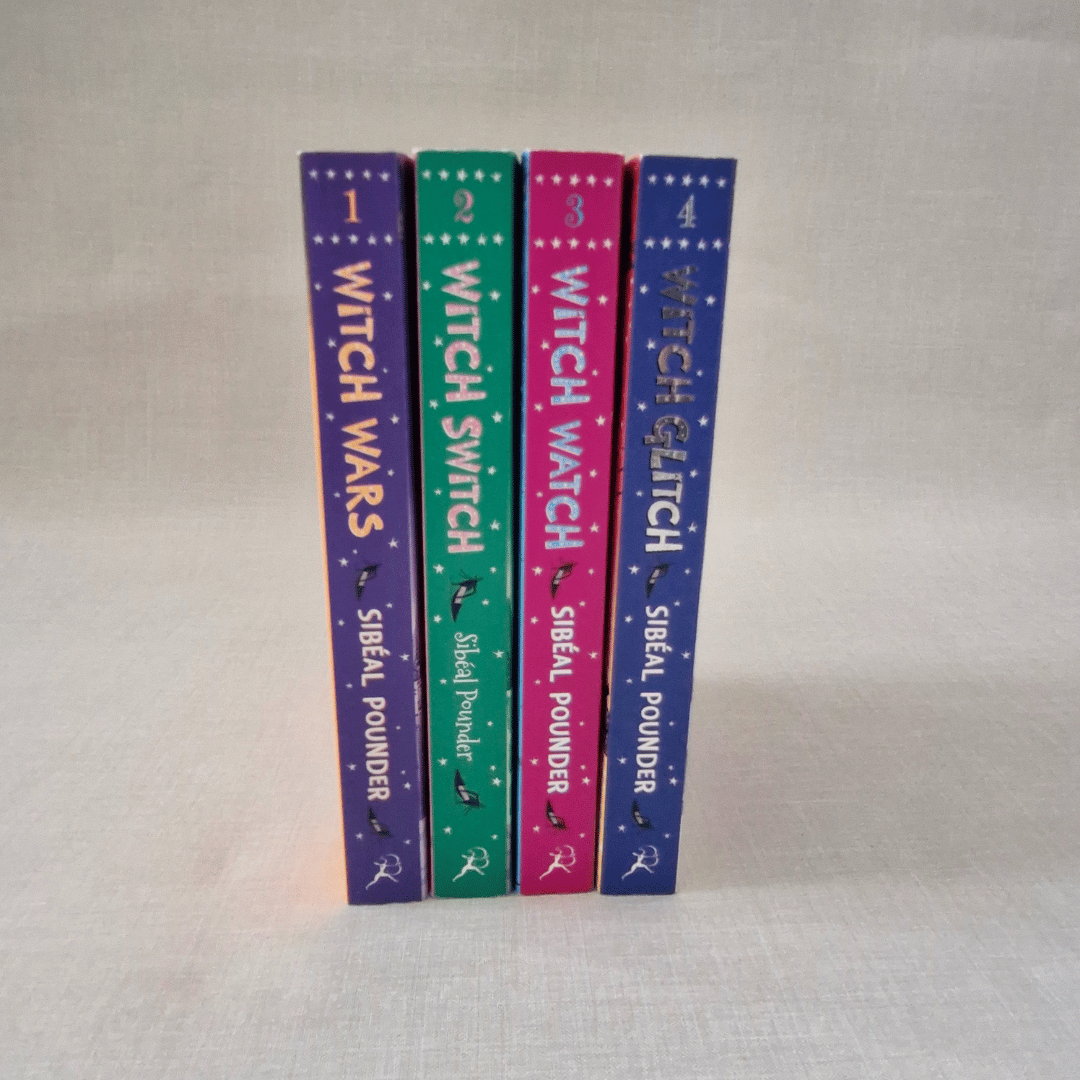 Four books titled 'Witch Wars', 'Witch Switch', 'Witch Watch', and 'Witch Glitch' by Sibéal Pounder on a light grey background.