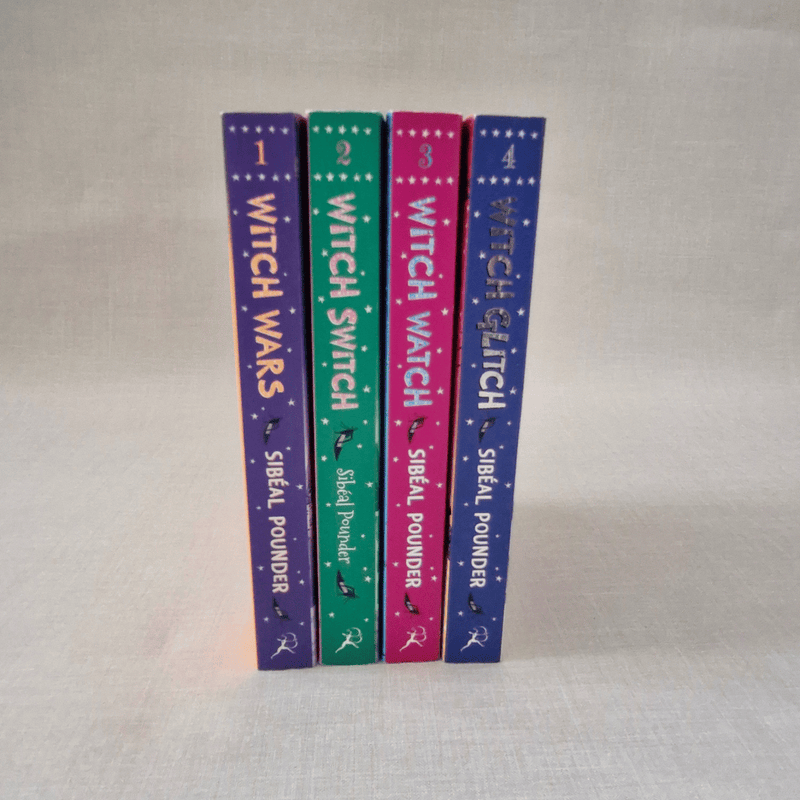 Four books titled 'Witch Wars', 'Witch Switch', 'Witch Watch', and 'Witch Glitch' by Sibéal Pounder on a light grey background.
