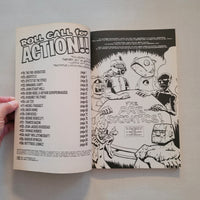 Open book with black and white cartoon illustrations on a plain background