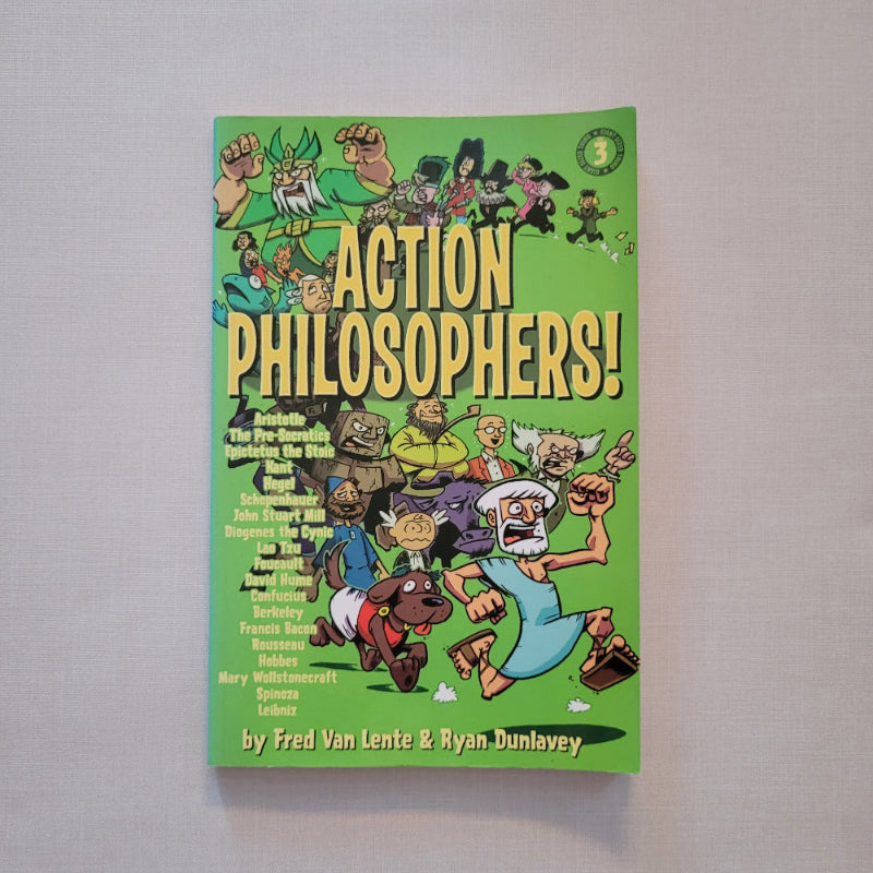Book titled 'Action Philosophers!' with cartoon characters on a green background