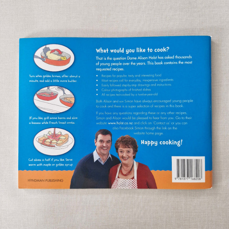 Back cover of a book with a blue background and text, featuring a barcode and images of people on a gray surface.