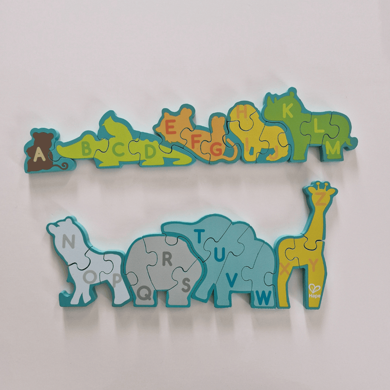 Children's alphabet puzzle with animal shapes on a white background