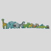 Row of colorful animal-shaped wooden toys on a light grey background