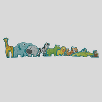Row of colorful animal-shaped wooden toys on a light grey background
