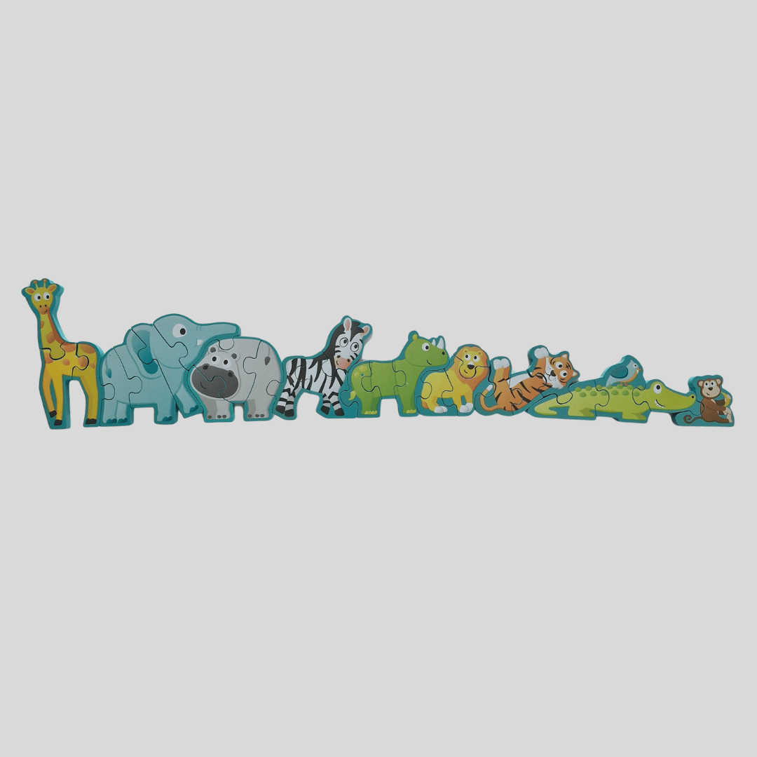 Row of colorful animal-shaped wooden toys on a light grey background