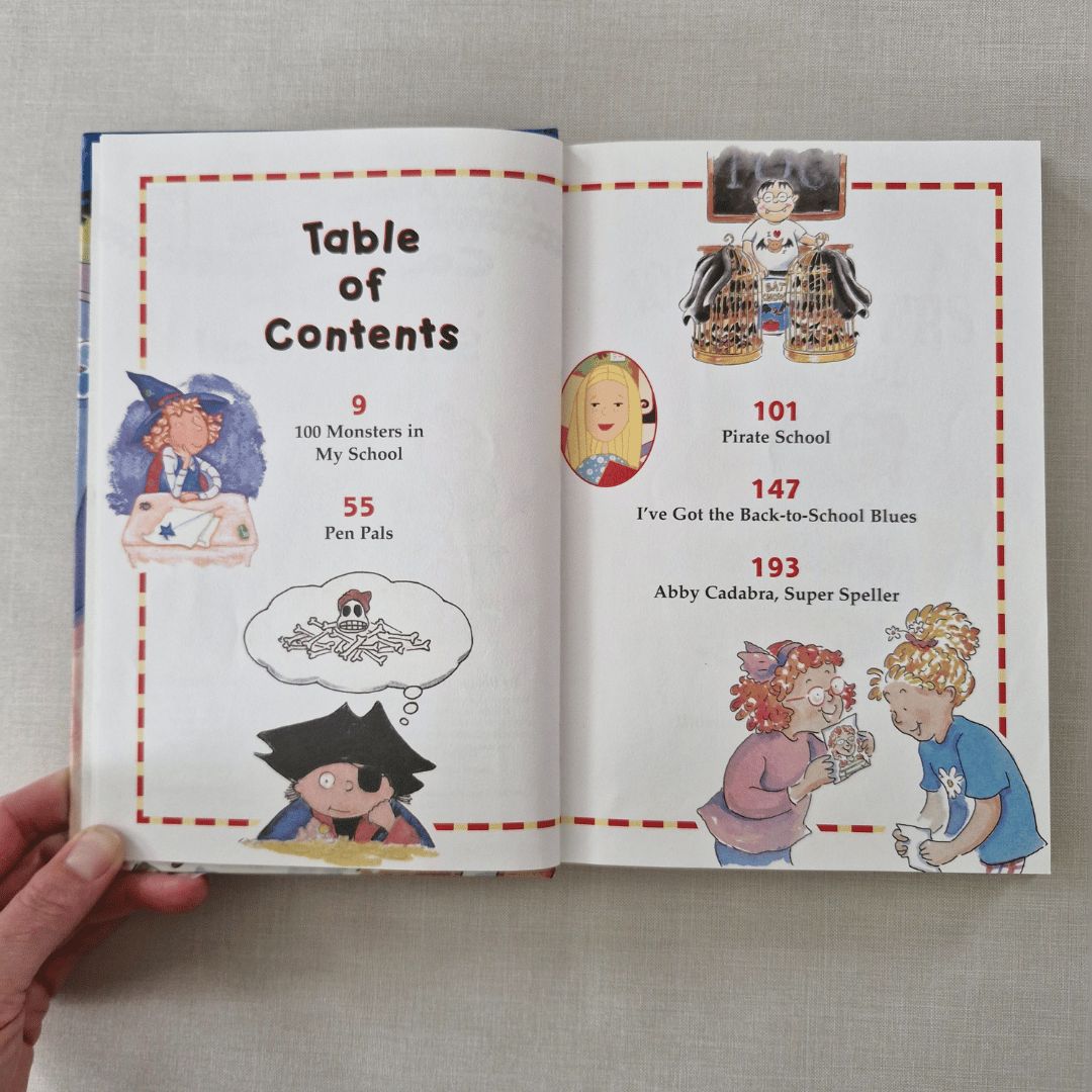 Open book showing a table of contents with illustrations and text on a grey surface.