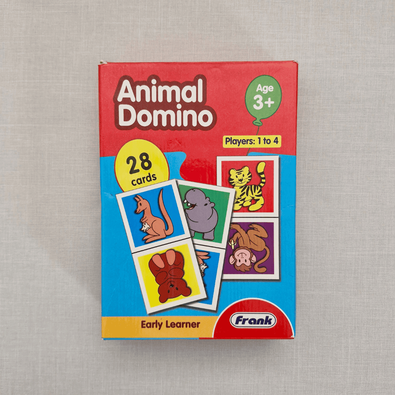 Animal Domino game box with colourful illustrations on a grey background