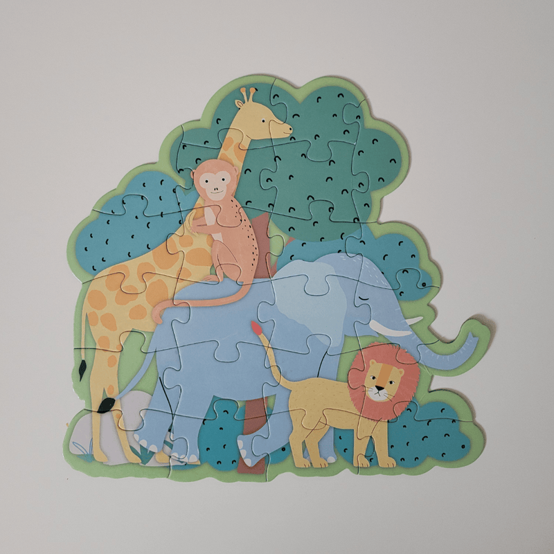 Children's puzzle with cartoon animals on a plain background