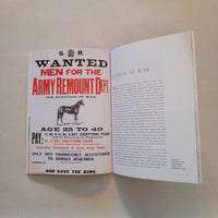 Open book with a vintage war recruitment advertisement on a beige background
