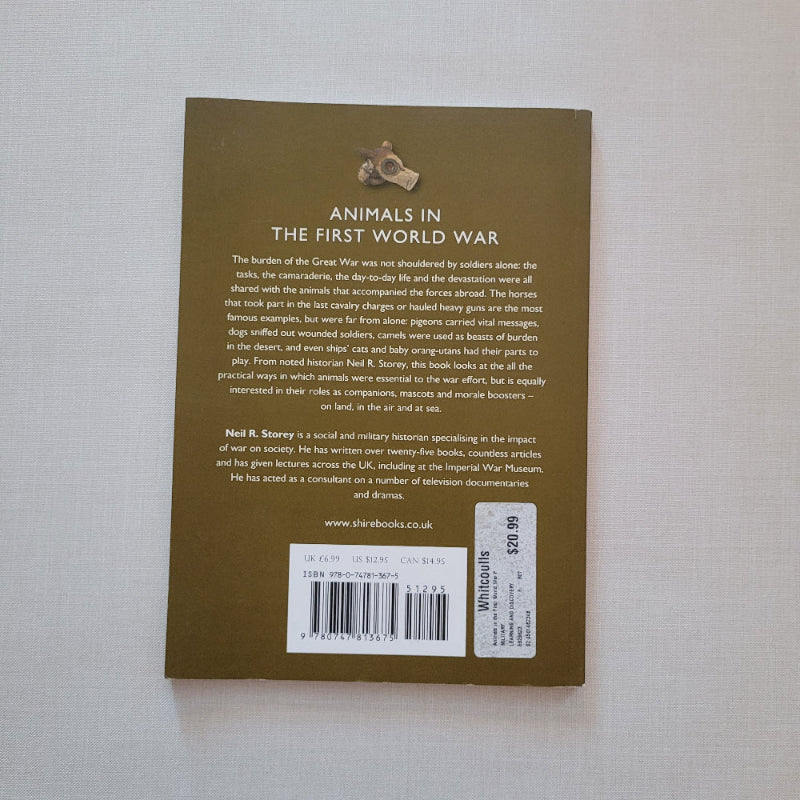 Back cover of a book titled 'Animals in War: The First World War' on a light gray background