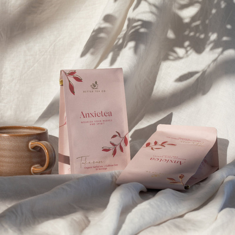 Packet of Anxietea Tea shown with a cup 