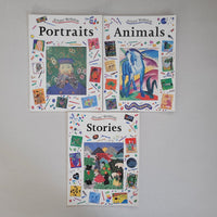Three art books titled 'Animals', 'Portraits', and 'Stories' on a gray background