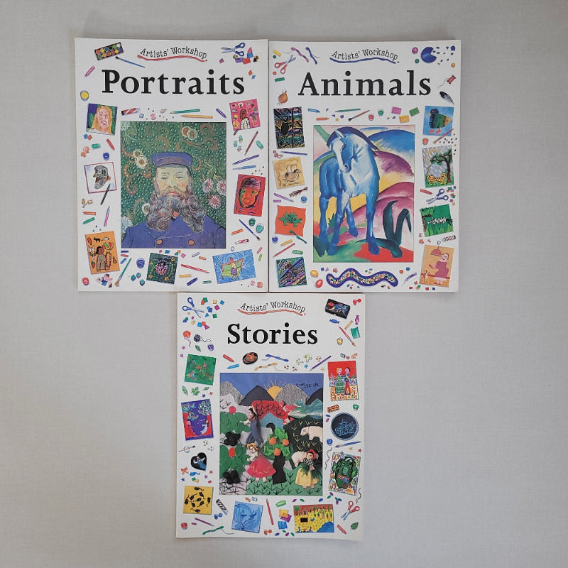 Three art books titled 'Animals', 'Portraits', and 'Stories' on a gray background