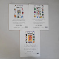 Three book covers with illustrations and text on a gray background