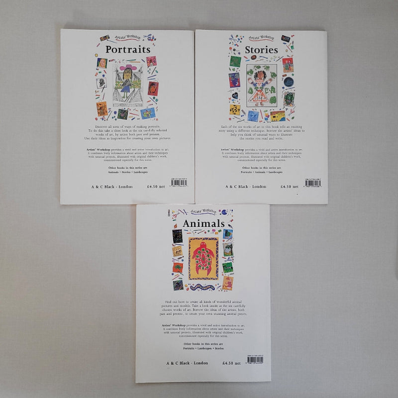 Three book covers with illustrations and text on a gray background