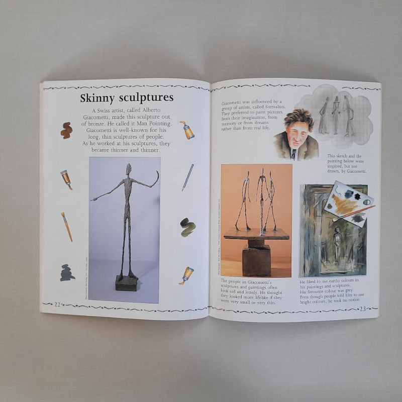 Open book with illustrations and text on sculptures, including a statue and a portrait of a man.